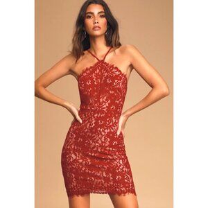 Lulus Stunning Moment Wine Red Lace Halter Bodycon Mini Dress Sexy Party MED